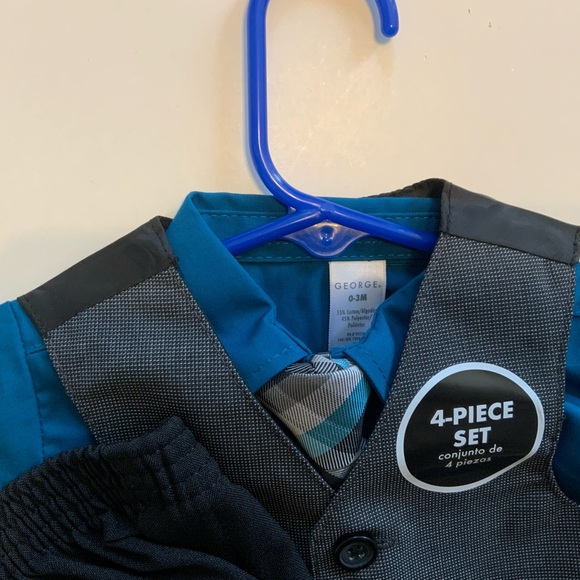 GREY BLUE MIX 4 PC SHIRT TIE PANTS VEST DRESSY SIZE 0-3 MOS SUIT SET - Picture 5 of 5